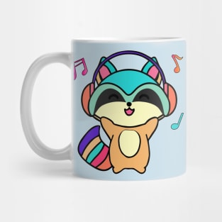 Happy smiling baby raccoon with headphones. Kawaii cartoon Mug